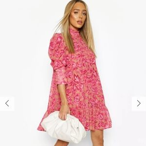 Pink printed puff sleeve ruffle neck smock dress